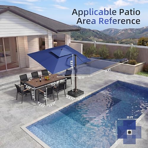 10 X 13 FT Cantilever Patio Umbrella with Base Included & Led Lights Outdoor Rectangle Offset Large Double Top Heavy Duty Umbrellas 360°Rotation for Pool Deck Backyard Garden, Navy - color: Navy, size: 10×13 FT with Base