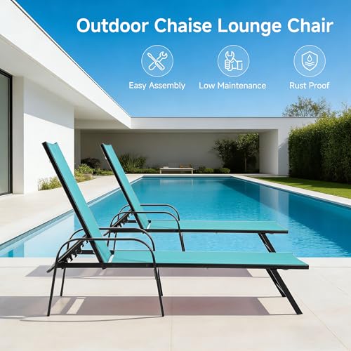 DUMOS Outdoor Lounge Chaise, 5-Position Chaise Lounge with Armrests, Sun Tanning Chair 350 lbs Heavy Duty Patio Pool Chair, Waterproof Sun Lounger for Deck, Backyard, Beach, Cyan - color: Cyan