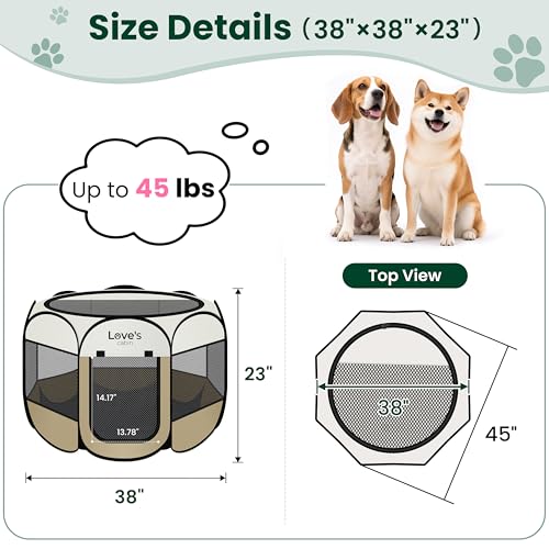 Love's cabin Pet Puppy Dog Playpen, Large Dog Tent Crates Cage Indoor/Outdoor, Portable Playpen for Cat, Foldable Pop Up Dog Kennel Playpen with Carring Case, Removable Zipper Top, Khaki - color: Khaki, size: 38.0"L x 38.0"W x 23.0"H