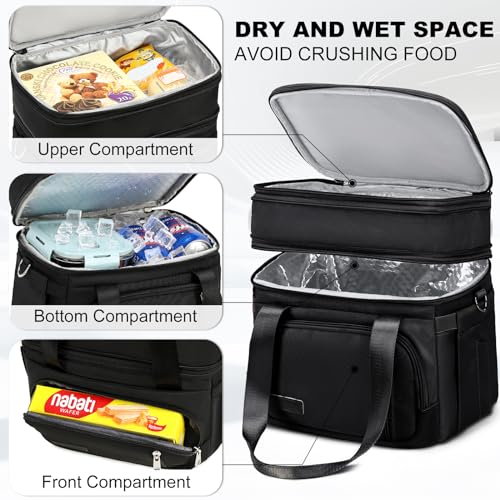 MAPLELILY Lunch Box for Men Women - Double Deck Insulated Lunch Bag, Large Leak Proof Tote Cooler, Wide Open Dual Compartment Lunch Bags with Shoulder Strap, For Work Picnic Hiking Beach, Black - color: Black