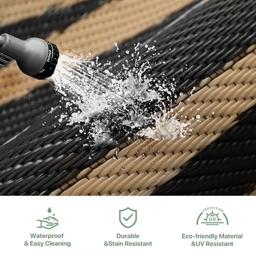 GENIMO Outdoor Rug Waterproof 6'x9' for Patio, Foldable Reversible Plastic Straw Carpet for Travel Trailers, Outside Area Mat for Rv, Deck, Picnic, Porch, Camper, Balcony, Beach, Black & Brown - color: Black & Brown | Natural, size: 6' x 9' (Rectangular)