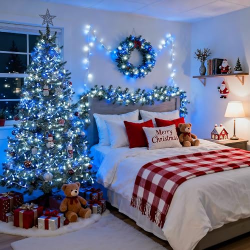 JMEXSUSS Blue and White Christmas Lights Outdoor with Remote, 168ft 600 LED String Lights Indoor Clear Wire Fairy Light Plug in for Bedroom Tree Birthday Party Xmas Decorations - color: Blue and White, size: 600 LED