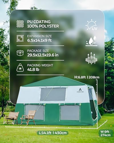 CORANI 14.1'x6.5'x9' Inflatable Tents for Camping, Portable 6/8/10 Person Blow Up Air Tent, Waterproof Windproof Easy Setup Large Family Tent with 2 Doors, 6 Windows, Mosquito Screen - color: Nomad Green, size: 10 person 14.1x9ft