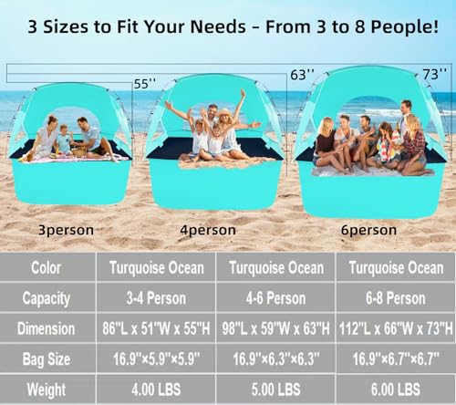 Beach Tent, Portable Sun Shelter for 2/3/4/6-8 Person with UPF 50+ UV Protection, Easy Setup Waterproof Beach Shade Canopy Cabana for Family Outdoor and Picnics, Fishing with Carrying Bag - color: Turquoise Ocean, size: Standard 3-Person