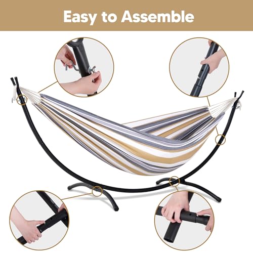 SUNCREAT 2 Person Hammock with Stand, Heavy Duty Free Standing Hammock with Stand Included, Coffee Stripes - color: Coffee White