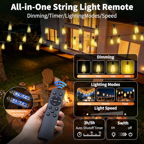 Solar Lights Outdoor Waterproof: ST38 33FT 10M Shatterproof Bulbs Patio Lights - Solar Powered & USB Charging- Remote Control 3 Light Modes Dimmable Solar Light - Camping Backyard Garden - size: 33FT-Remote