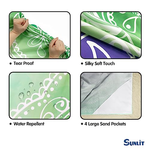 Sunlit Silky Soft Sand Proof Beach Blanket 106"x81" / 85"x72" Sand Proof Mat with Corner Pockets and Mesh Bag for Beach Party, Travel, Camping and Outdoor Music Festival, Mandala - color: Green Violet, size: 120"x108"