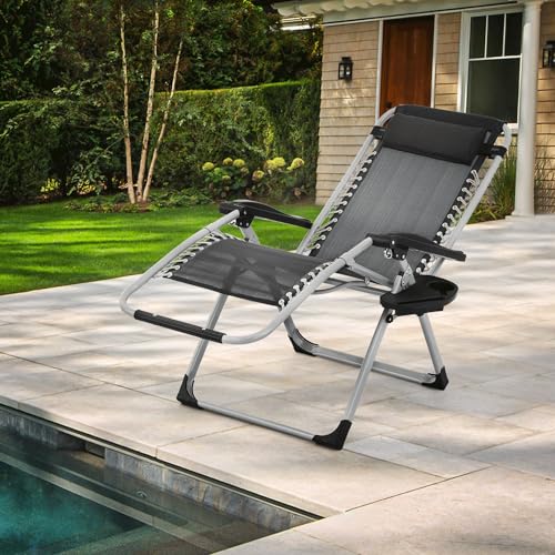 MoNiBloom Reinforced Zero Gravity Chair, Folding Pool Beach Lounger, Portable Tanning Chaise with Cushion, Headrest and Side Tray, 330lbs Capacity - Black - color: Black, size: Standard 1-Pack