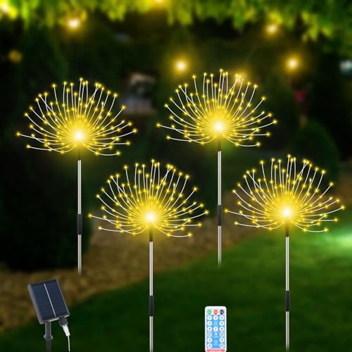 Slyuexu Solar Garden Lights Outdoor Waterproof, 4 Pack Total 480 LED Solar Firework Lights Decorative with 8 Lighting Modes Outside for Yard Pathway Flowerbed Decor, Warm White - color: Warm White, size: 4 Pack