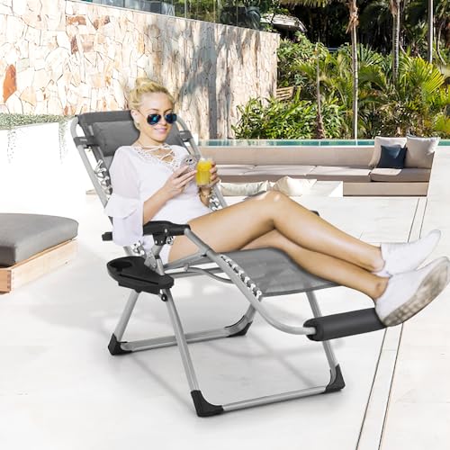 MoNiBloom Zero Gravity Lounge Chair with Cushion, Padded Patio Anti Gravity Recliner, Foldable Outdoor Lounger with Cup Holder Tray, Headrest and Footrest for Beach Camping, Grey - color: Grey, size: Standard with Footrest 1-Pack