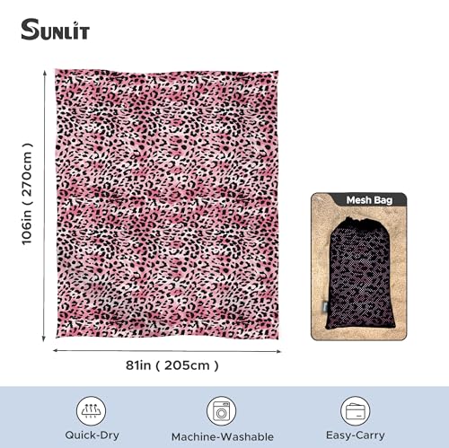 Sunlit Large Cheetah Beach Blanket Waterproof Sand Proof, 81" x106" Sand Free Beach Mat with Corner Pockets and Storage Bag, for Travel Beach Camping Outdoor Festival, Black Pink Leopard - color: Black Pink
