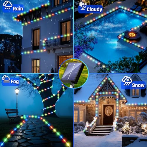 New Upgraded Solar Rope Lights Outdoor Waterproof 105ft 300 LED Solar String Lights with Remote Timer Dimmable 19 Modes Christmas Lights for Pool Yard Outside Patio Xmas Tree Decor (300LED-Multicolor) - color: 300LED-Multicolor