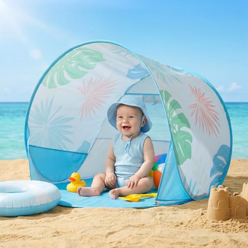 Pop Up Baby Beach Tent - Baby Tent for Toddler Beach Essentials with UPF 50+ UV Protection Canopy, Portable 41.4 x 35.5 x 31.5 in Sun Shade Summer Outdoor for Infants (Tropical Leaves) - color: Tropical Leaves