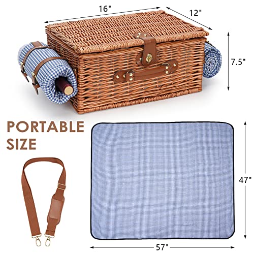 Picnic Basket for 4, Insulated Willow Picnic Baskets with Shoulder Strap, Picnic Hamper with Waterproof Picnic Blanket, Handmade Wicker Hamper for Outdoor, Great Gifts for Thanksgiving, Christmas - style: BlueCheck-4P