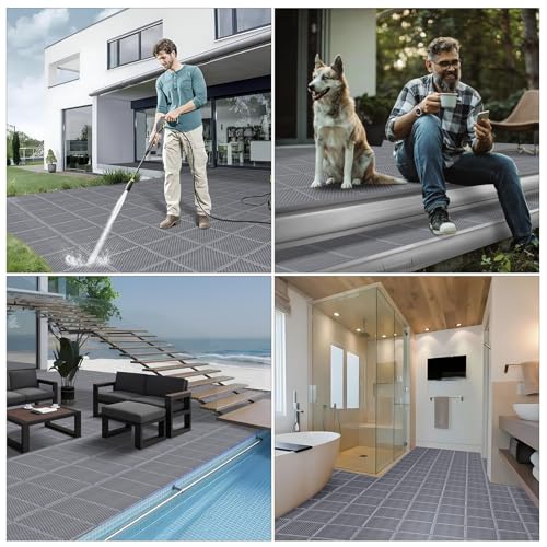 16 PCS Modular Interlocking Cushion Interlocking Floor Tiles with Hole Drainage Mat 10" x 10" Non Slip Pool Deck Mat Outdoor for Drain Deck Pool Patio Shower Kitchen Balcony (Grey) - color: Grey