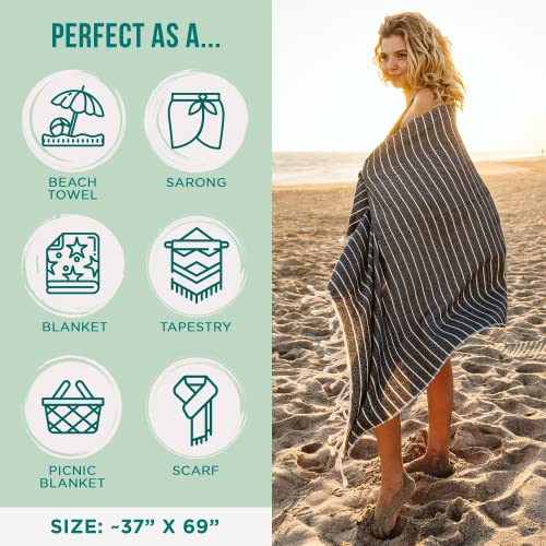 Sand Cloud Turkish Beach Towel - Sand Proof - 100% Certified Organic Turkish Towel - Quick Dry Towel for Beach, Picnic, Blanket or Bath Towel - As Seen on Shark Tank - Gocek (Black) - color: Black, size: 37x69
