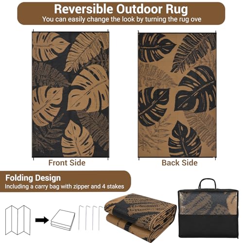 COZYLOOM Waterproof Outdoor Rug 9x18 Reversible Mats Modern Leaf Outdoor Patio Rug Outdoor Plastic Straw Rug for RV Camping Picnic Reversible Lightweight Plastic Straw Outside Rug, Black Brown - color: Leaf Black/Brown, size: 9'x18'