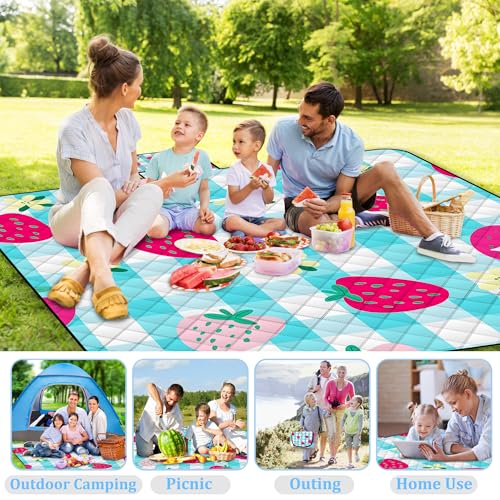 Extra Large Picnic Blanket Waterproof,80"x 80"Foldable Machine Washable Beach Blankets,Outdoor Blanket for 6-8 Adults,Picnic Mat Suitable for Indoor Crawling,Park Beach,Camping,Hiking,Travel (Blue） - color: Blue Strawberry, size: 6'8" x 6'8" (Square)