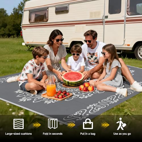 Pauwer Waterproof Outdoor Rug 6x9, Reversible Plastic Straw Patio Camping Rug, Indoor Outdoor RV Mat Carpet for Deck, Camper, Porch, Balcony, Backyard, Picnic, Floral Grey - color: Floral Grey, size: 6' x 9' (Rectangular)