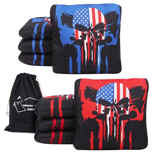 Professional Tournament Cornhole Bags Set of 8 Regulation 6”x6”, 15–16 oz | Dual-Sided Slick & Stick | Quad-Stitched Durability | Premium Resin Fill | Includes Carry Bag