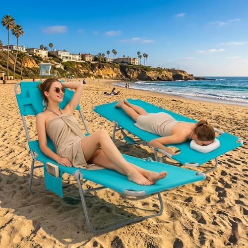 #WEJOY Folding Tanning Chair with Face Hole, 5 Positions Face Down Beach Lounge Chairs with Pillow for Outside Sunbathing Poolside (Cyan) - color: Readease-face Hole Cyan, style: ReadEase 5 Position Face Hole