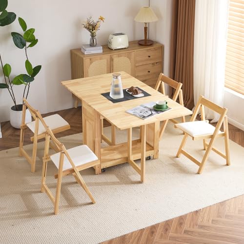 VINGLI 5-Piece Folding Dining Table Set, Extendable Drop Leaf Solid Wood Table with 4 Chairs, Drawers & Wheels, Space-Saving Design for Kitchen, Natural - color: Natural