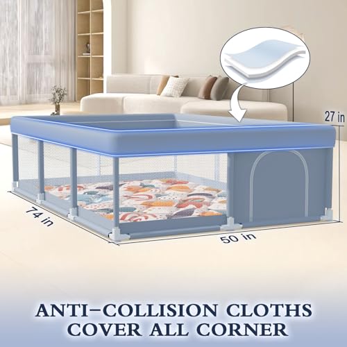 XVISHX 74 x 50 Inch Baby Playpen with Mat, Playpen for Babies and Toddlers, Baby Playard for Indoor & Outdoor Active Center Game Fence, with Skin-Friendly Fabric and Soft Breathable Mesh, Grey - size: 74 × 50 Inch+MAT