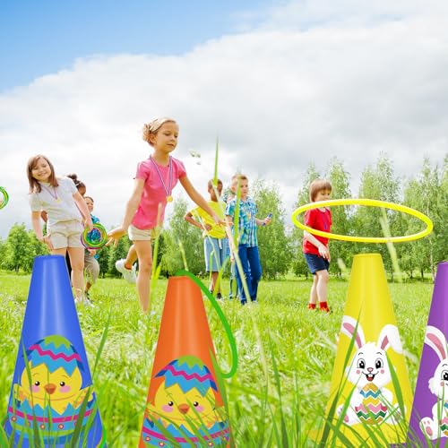Cinrobiye 62 Pcs Easter Outdoor Games Set, Lawn Field Day Party Games with Potato Sack Race, Egg and Spoon, Three Legged Race, Ring Toss, Bean Bags for Easter Spring Carnival Yard Activities