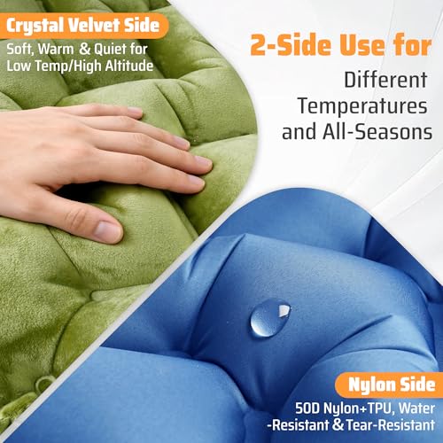4" Thick Double-Sided Camping Sleeping Pad | Warm Velvet Top, Waterproof Nylon Bottom | Inflatable Mattress for Backpacking & Cold Weather - color: Crystal Velvet Green+blue Nylon