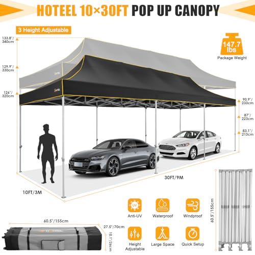 HOTEEL 10x30 Heavy Duty Pop Up Canopy Tent for Parties Event Wedding Commercial Instant Canopy with Wheeled Bag, Party Tent Waterproof UV 50+&Windproof, Upgraded Thick Hexagonal Legs, Black - color: Black, size: 10x30FT (No Walls)