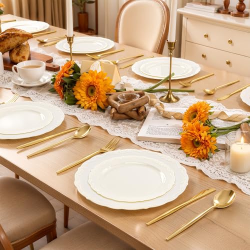 U-QE 100 Pieces Ivory Plastic Plates for Party - Ivory Disposable Plastic Plates - Heavy Duty Disposable Platos Including 50 Dinner 10 '' & 50 Dessert 7.5 '' for Weddings - color: Ivory