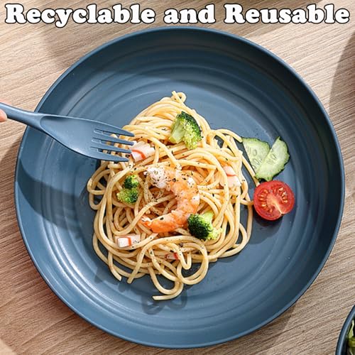 4 Pcs Wheat Straw Dinner Plates, 7.8 Inch Unbreakable Reusable Plastic Plates, Microwave & Dishwasher Safe, Lightweight Salad Dishes for Kitchen Camping, BPA Free (Dark Blue) - color: Dark Blue