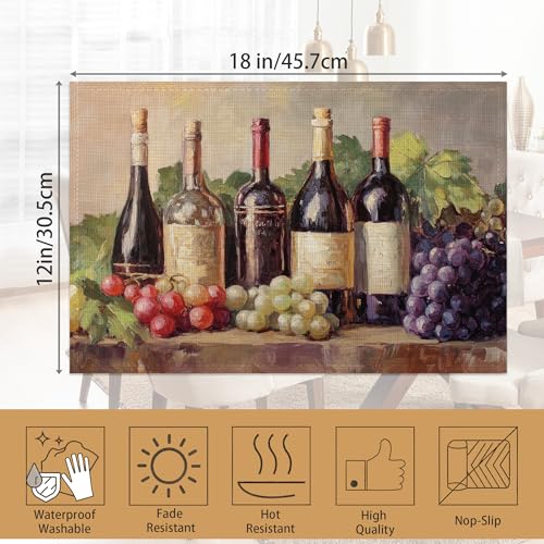 Placemats Set of 6,Retro Red Wine Table Mats, Grapes Glass Cup Washable Linen Table Mats,Non-Slip Heat Resistant Placemats for Party Kitchen Dining Indoor Outdoor 12"x18" - color: Retro Red Wine, Grapes Glass Cup