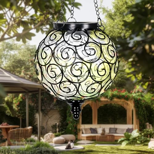 Solar Hanging Lantern Outdoor Garden Lights, Round Glass and Metal Hanging Lantern, 15 Firefly LED Lights, 7 x 20 Inch (Clear) - color: Clear