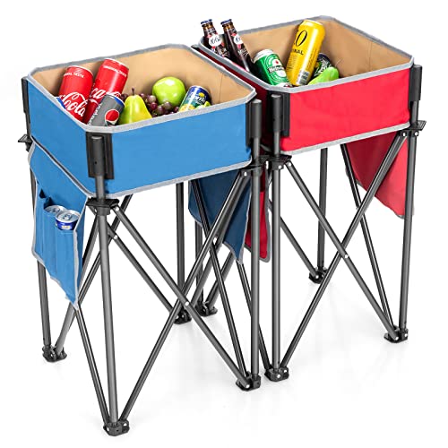 Goplus 2 PCS Folding Camping Tables, Portable Picnic Tables with Large Capacity Storage Sink, Side Pockets, Anti-Skid Feet, Lightweight Tables for Hiking, Fishing, BBQ, Beach (Blue+Red) - color: Blue+red