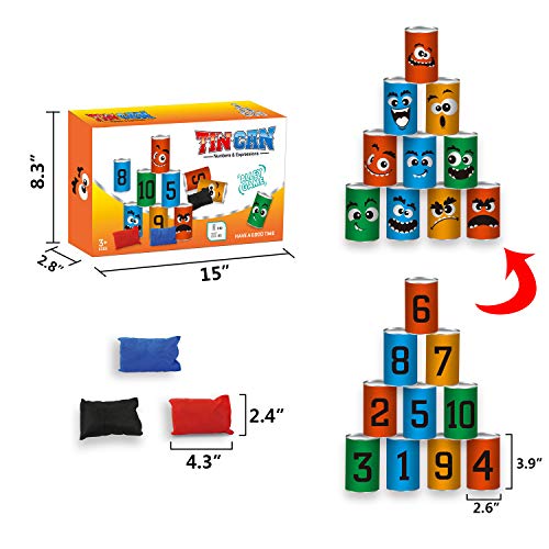 Bean Bag Toss Game for Kids Outdoor Indoor Family Fun, Knockdown Tin Can Alley Game for Holiday Birthday Party Games - 10 Funny Face Cans and 3 Beanbags