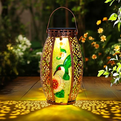 Larekook Hummingbird Solar Lantern Outdoor Waterproof,13" Large Hanging Lantern Decorative,Metal Hummingbird Solar Lights for Yard Table Porch Patio Garden Decor,Birthday Gifts for Women Mom - style: Hummingbird