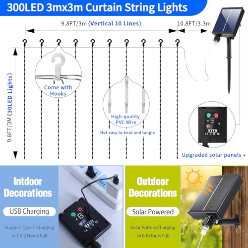 Solar Curtain Lights Outdoor Waterproof 10 * 10Ft 300LED Waterfall Light with 8 Modes Remote Rechargeable Dimmable Hanging Twinkle Fairy String Lights for Outside Christmas Gazebo Party Wedding - color: 300LED Warm White