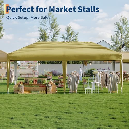 10x20 Pop Up Canopy - Easy Up Camping Tent with One Roller Bag, 3 Adjustable Height, 4 Weight Bags for Deck, Garden, Sports, Beach, Party - Khaki - color: Khaki, size: 10x20