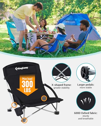 KingCamp Low Beach Chair, High Back Folding Camping Chair for Adults, Oversized Breathable Mesh Seat, 300lbs Heavy Duty Portable Chair with Cup Holder & Storage Pockets for Beach, Outdoor - color: Ergosolid C Black