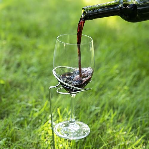 TRUE Picnic Stix Wine Glass & Bottle Holders, Chrome Outdoor Drink Dolder Stakes, Outdoor Cup Holder, Yard Cups, Set of 3, Fits 2 Glasses and 1 Bottle