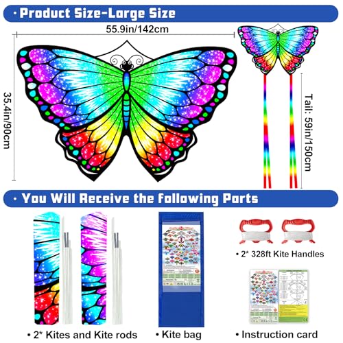 2 Pack Patriotic Eagle & Dragon & Butterfly Kite for Kids and Adults, Easy to Fly Huge Kites for Kids Ages 4-8 8-12 with 328FT String for Beach Park Easter Gift Outdoor Games and Activities - style: 2 Pack Butterfly Kites