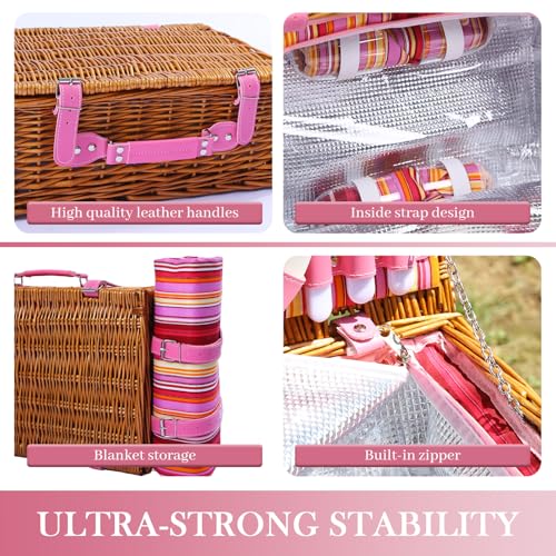 Neti Neti Wicker Picnic Basket for 4 with Insulated Cooler & Waterproof Blanket – Large Willow Picnic Hamper for Outdoor, Camping, Beach, Romantic Dates, Valentine’s Day - color: Red & Yellow Striped