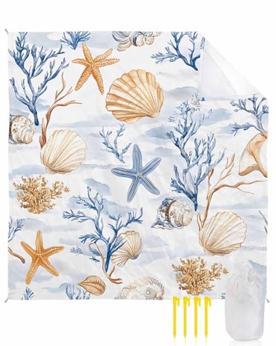 Beach Blanket Sandproof Oversized 95" x 80" Summer Ocean Shell Starfish Waterproof Quick Drying Sand Free Mat Blue Coral Picnic Blankets for Outdoor Travel Camping Hiking Park - color: Blue Yellow, size: 95''x80''