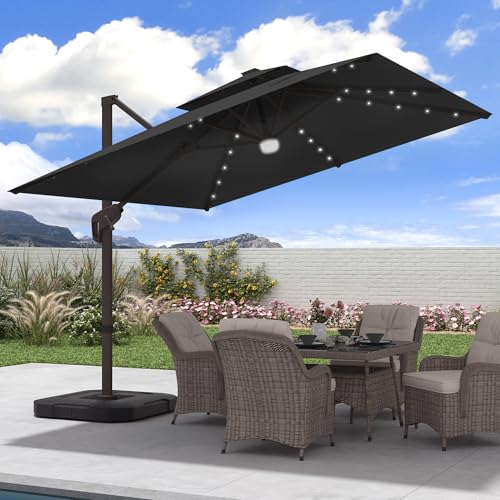 JZAC & QZYD 9x9 FT Outdoor Cantilever Patio Umbrella with Solar LED Lights, Large Heavy Duty 2-Tier Canopy Square Aluminum Offset Umbrellas with 360-Degree Rotation for Pool Deck Backyard, Black - color: Black, size: 9'×9'