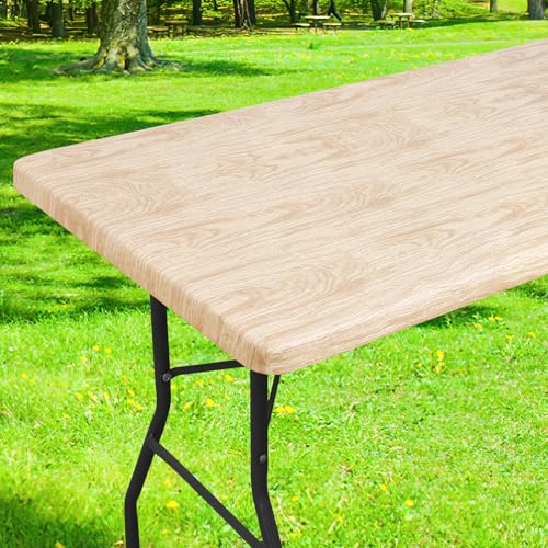 Smiry Rectangle Table Cloth Cover, Waterproof Elastic Fitted Picnic Tablecloth for 6 Foot Tables, Wipeable Flannel Backed Vinyl Tablecloths for Camping, Dining, Outdoor (Beige Wood, 30" x 72") - color: Beige, size: 72" x 30" (Rectangular)