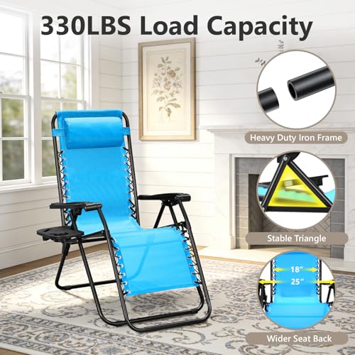 Zero Gravity Chairs Set of 2, Adjustable Lounge Chair Outdoor Recliner, Folding Reclining Lawn Chair, Anti Gravity Chair with Pillow & Cup Holder for Pool Camping Sunbathing Beach Patio (Sky Blue) - color: Sky Blue, size: 2pcs