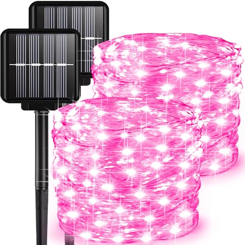 2 Pack Solar Fairy Lights Outdoor, 33 Feet 100 LEDs 8 Modes String Lights for Outside, Waterproof Solar Outdoor Light for Patio Yard Christmas Tree Halloween Wedding Party Decorations, Pink - color: Pink, size: 2 Pack 100 LEDs