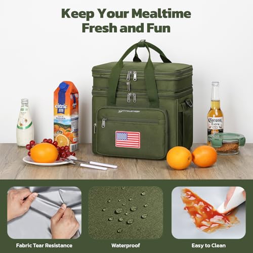 Maelstrom Lunch Box, 23L Insulated Lunch Bag, Expandable Double Deck Cooler Bag, Lightweight Leakproof Tote Bag With Side Tissue Pocket, Suit For Men and Women (G.Army Green with DIY Hook-and-Loop) - color: G.Army Green with DIY Hook-and-Loop