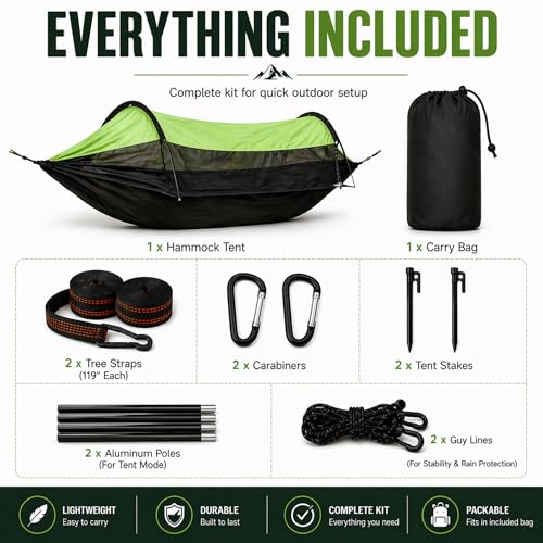 Camping Hammock Tent with Mosquito Net & Rainfly – Waterproof Portable Backpacking Hammock for Camping, Hiking & Travel – Lightweight Outdoor Hammock for Trees by Altena